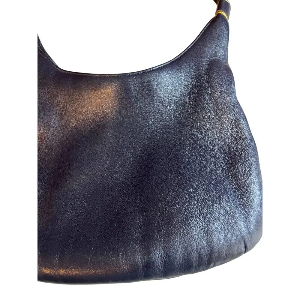Vintage 70s navy blue leather curved bottom bag